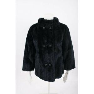 Vintage 50s 60s Womans Black Faux Fur Jacket Coat Double Breasted S M Winter